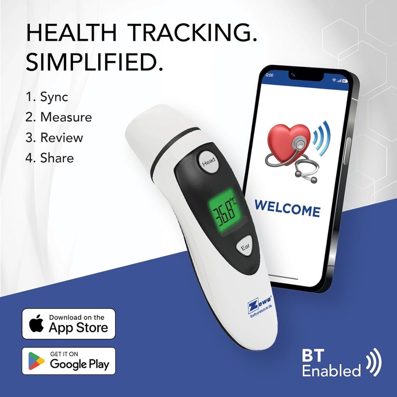 Zewa Infrared Thermometer | Professional Accuracy | Forehead & Ear Non-Touch Measurement | Bluetooth 4.0 | Android & iOS Compatible | Fever Alarm | Free MyHealthConnected App - Image 2
